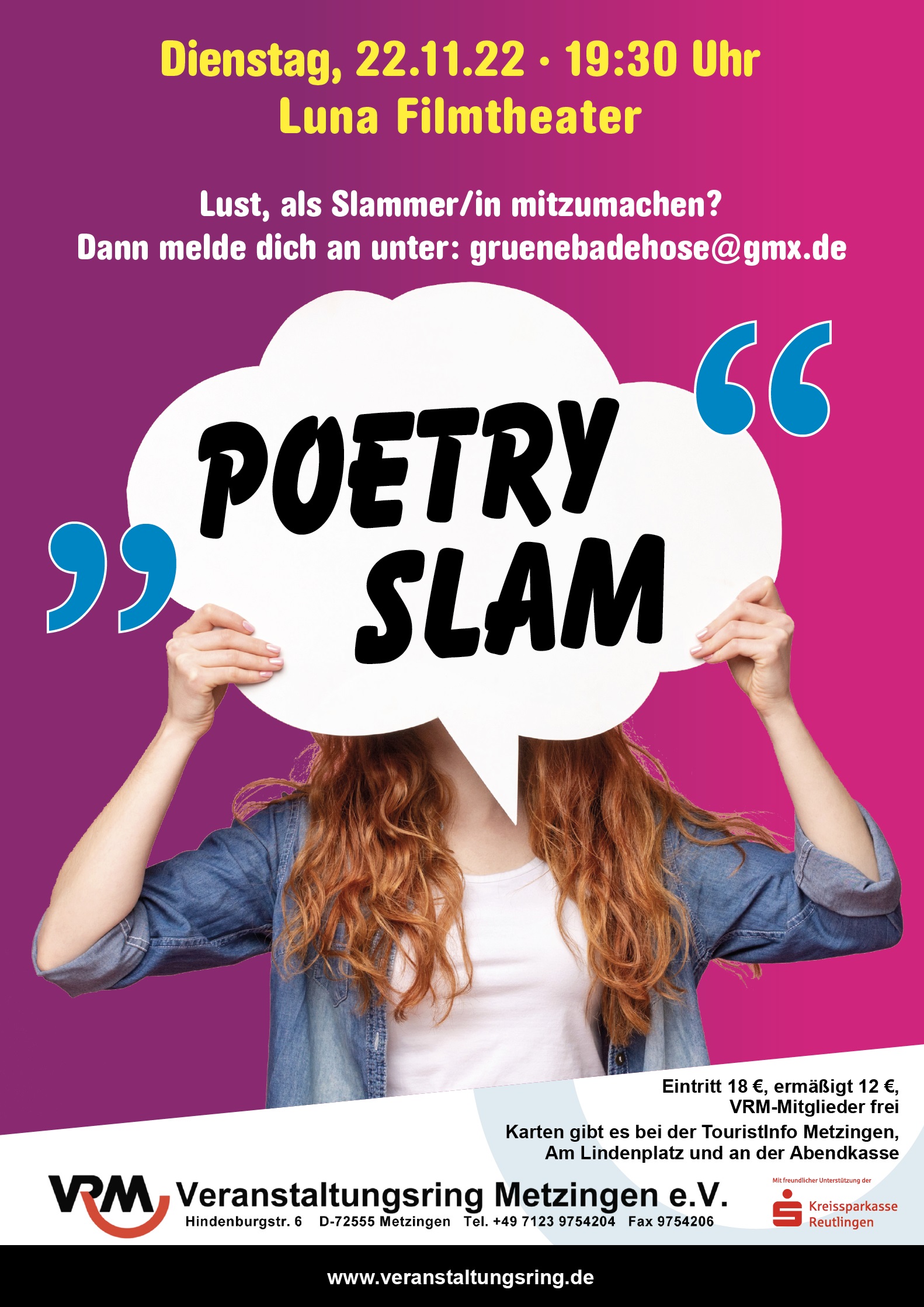Walther slamt: 22.11.22 19:30 Uhr Luna Filmtheater – Poetry Slam des VRM Metzingen