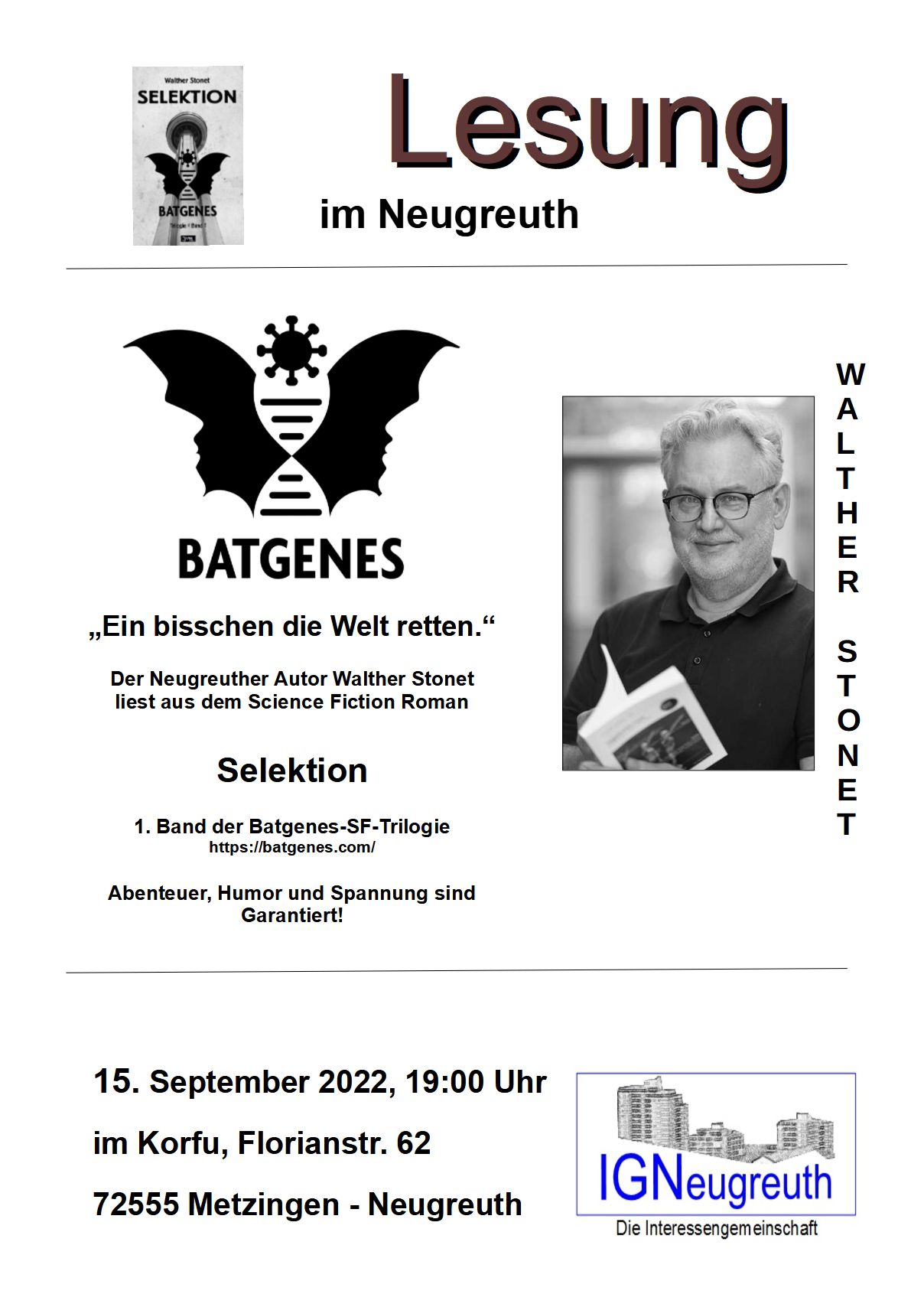 15.09.2022 19 Uhr: 2. Science Fiction Lesung der IGN Neugreuth im Restaurant Corfu Metzingen-Neugreuth