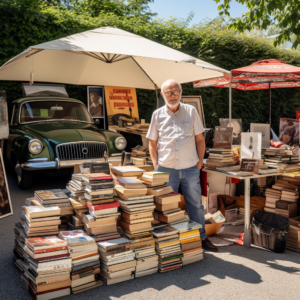 Walther_Sale_of_used_books_in_a_car_garage._Summer_time_2023._N_drawn by Midjourney